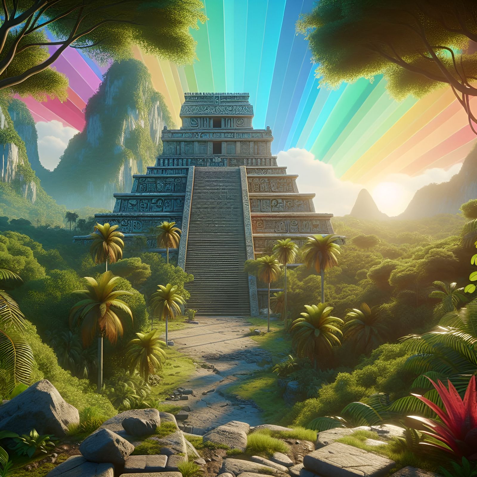 Mayan Temple in Jungle: 3D Digital Art
