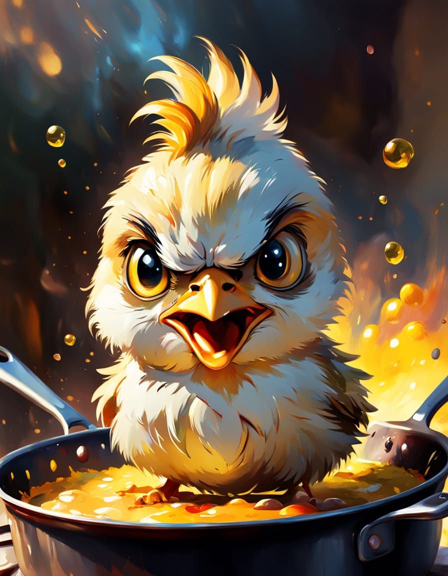 Angry Chick in Pan: Impressionist Oil Painting