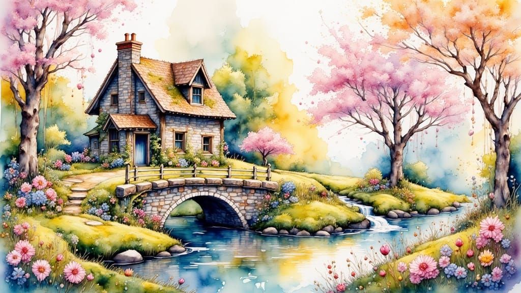 Idyllic Cottage Beside Stream in Watercolor Style