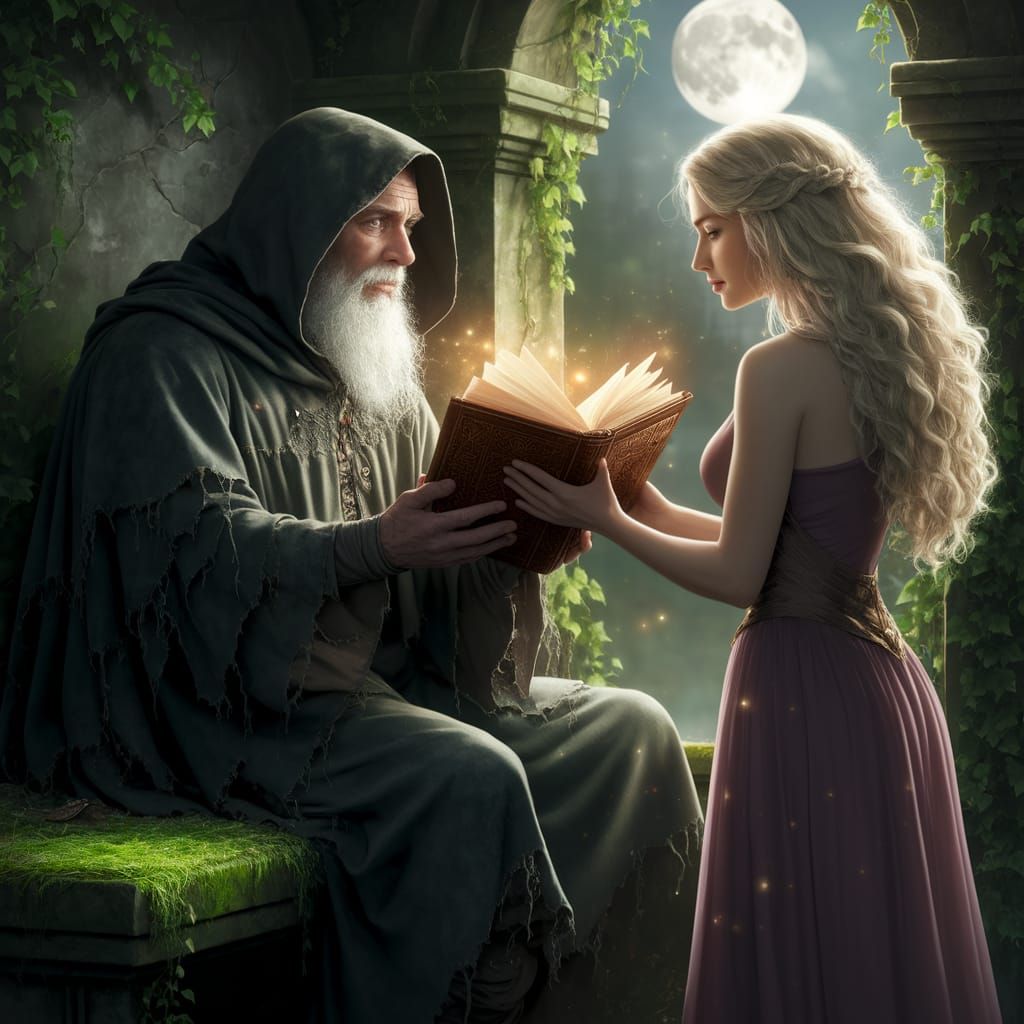 Wizard in Dark Green Cloak Studies Ancient Tome Under Full M...