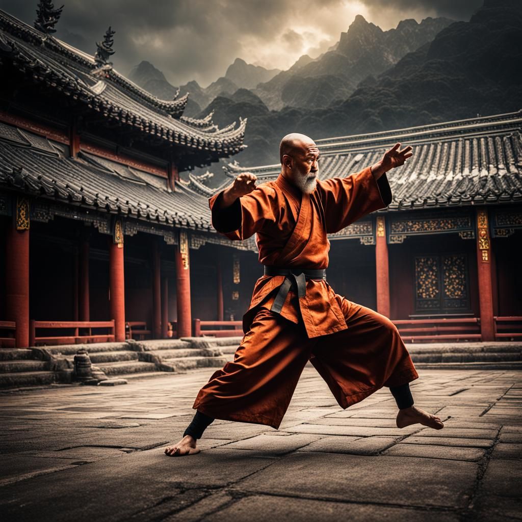Monk Mike Practicing Kung Fu in Hyperrealistic Style