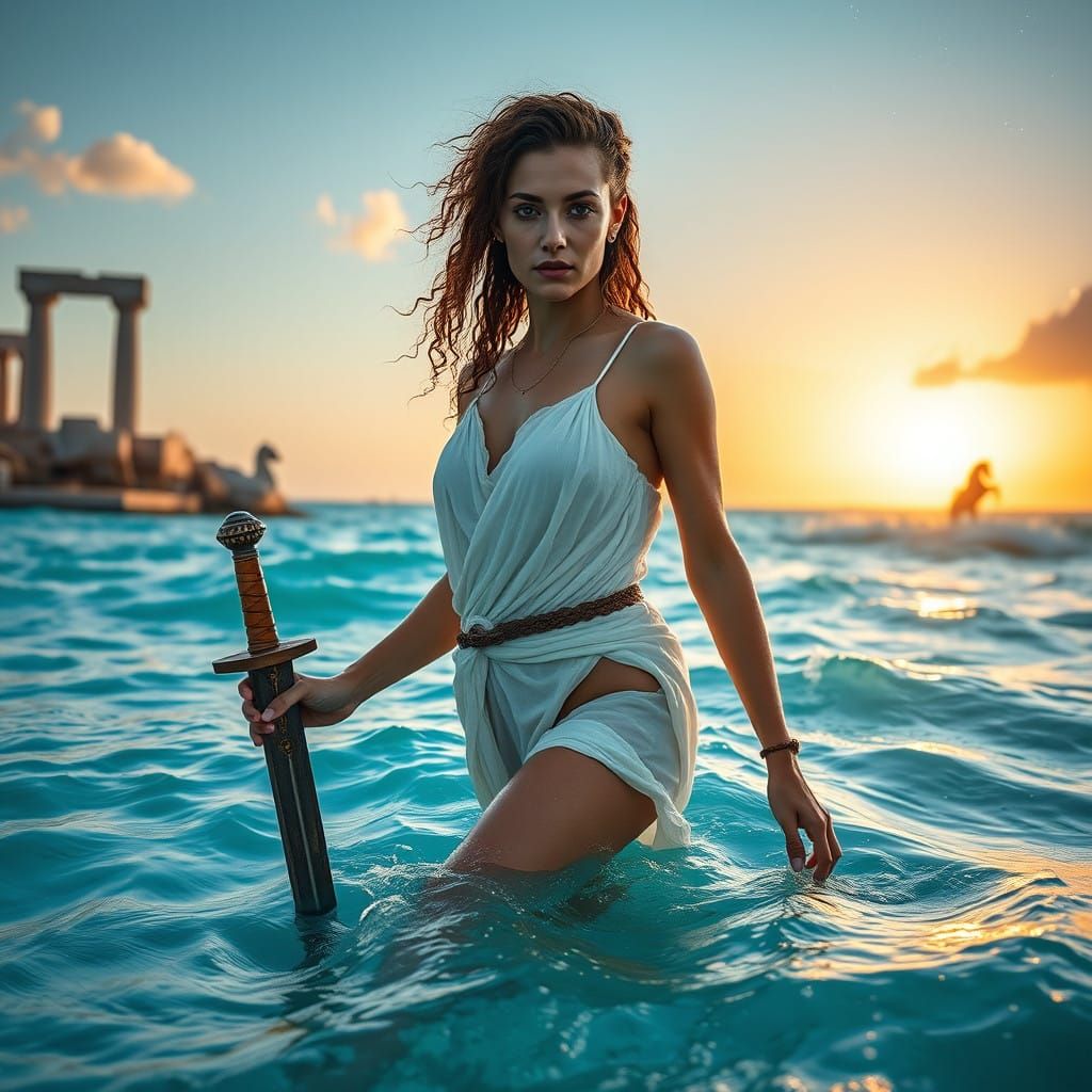 Sensual Minoan Goddess Walks Ashore with Sword in Hand