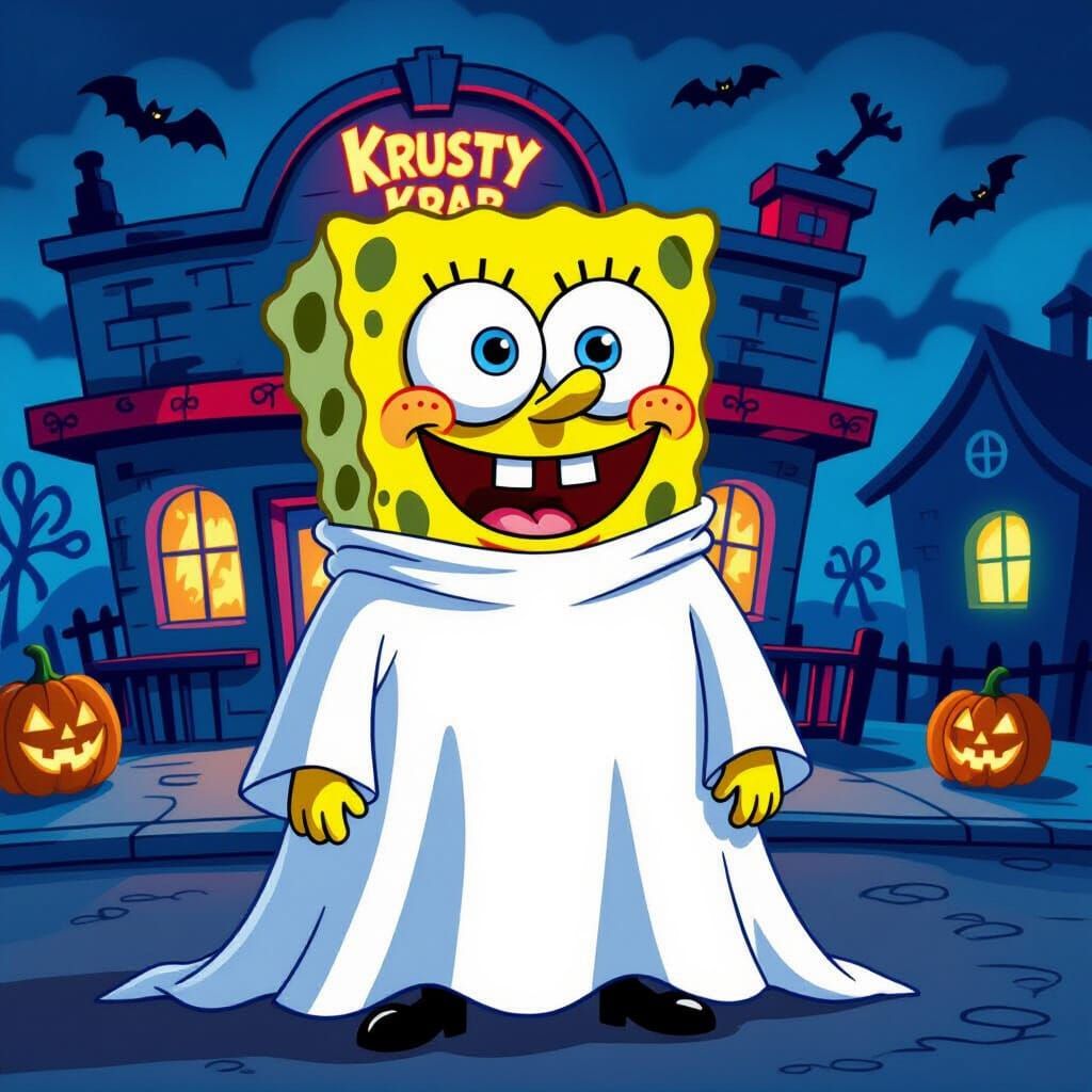 SpongeBob in Ghost Costume at Spooky Krusty Krab