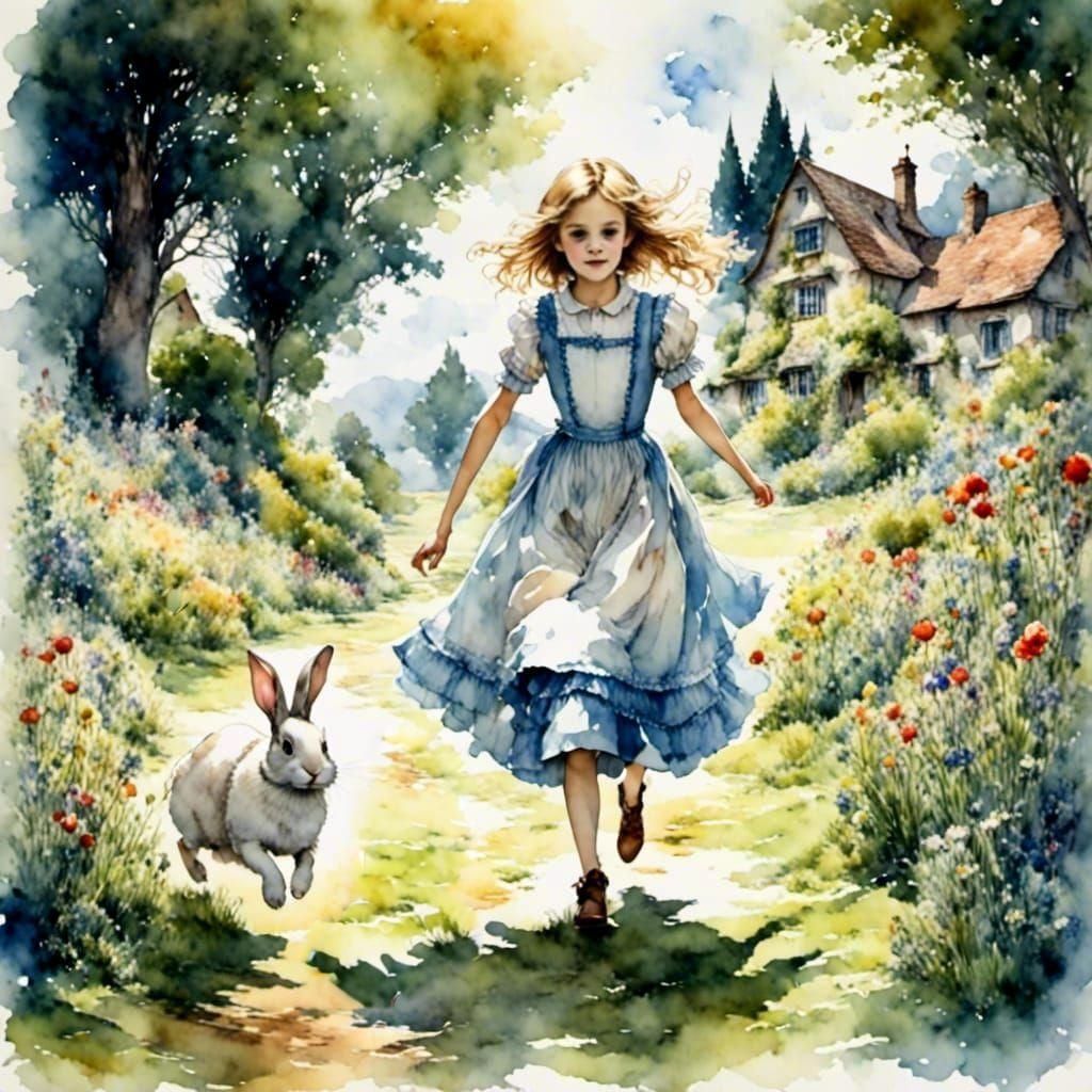 Alice in Wonderland: Watercolor Rabbit Chase
