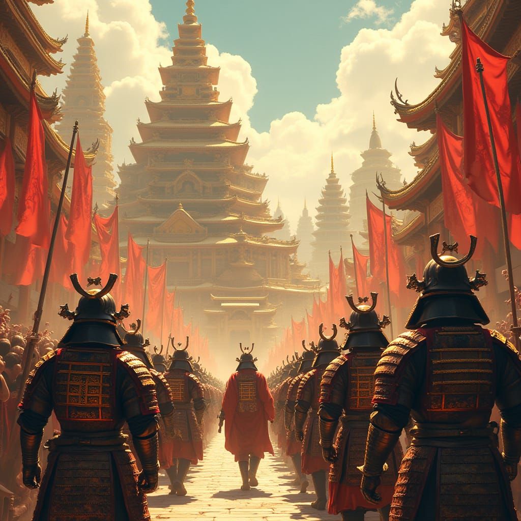 Samurai Victory Parade in Golden City, Anime Style