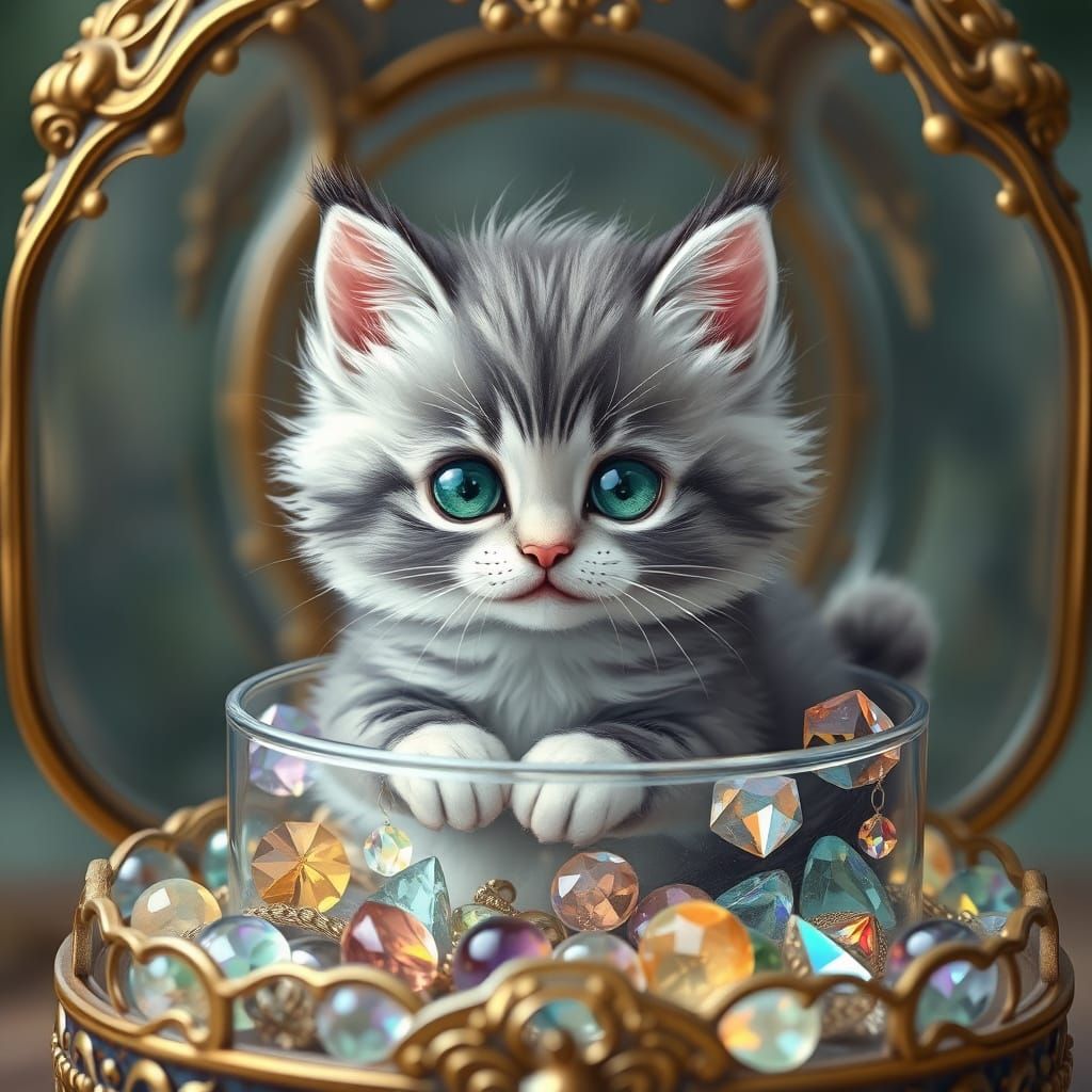 Tiny Whimsical Cat Surrounded by Sparkling Jewels