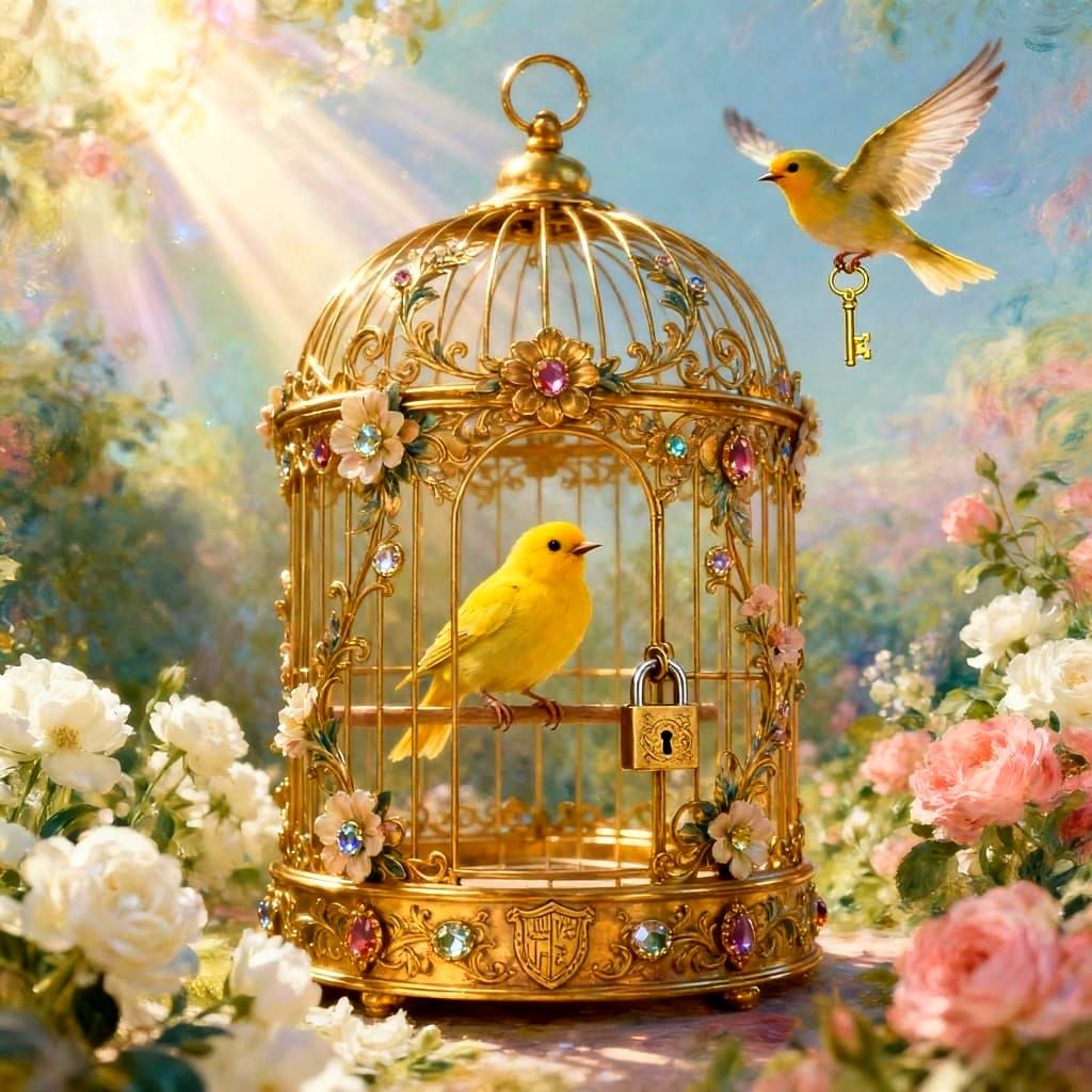 Golden Birdcage Rescue: Canary Freed by Flying Key