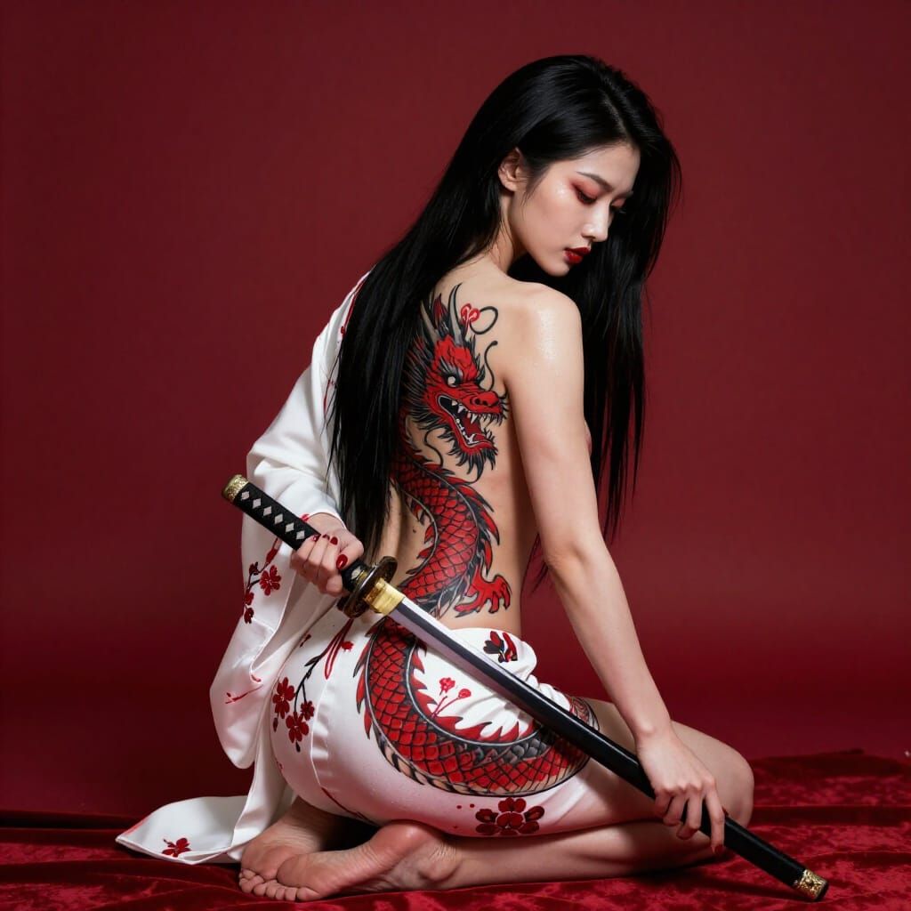 Dramatic Studio Portrait of Woman with Dragon Tattoo and Kat...