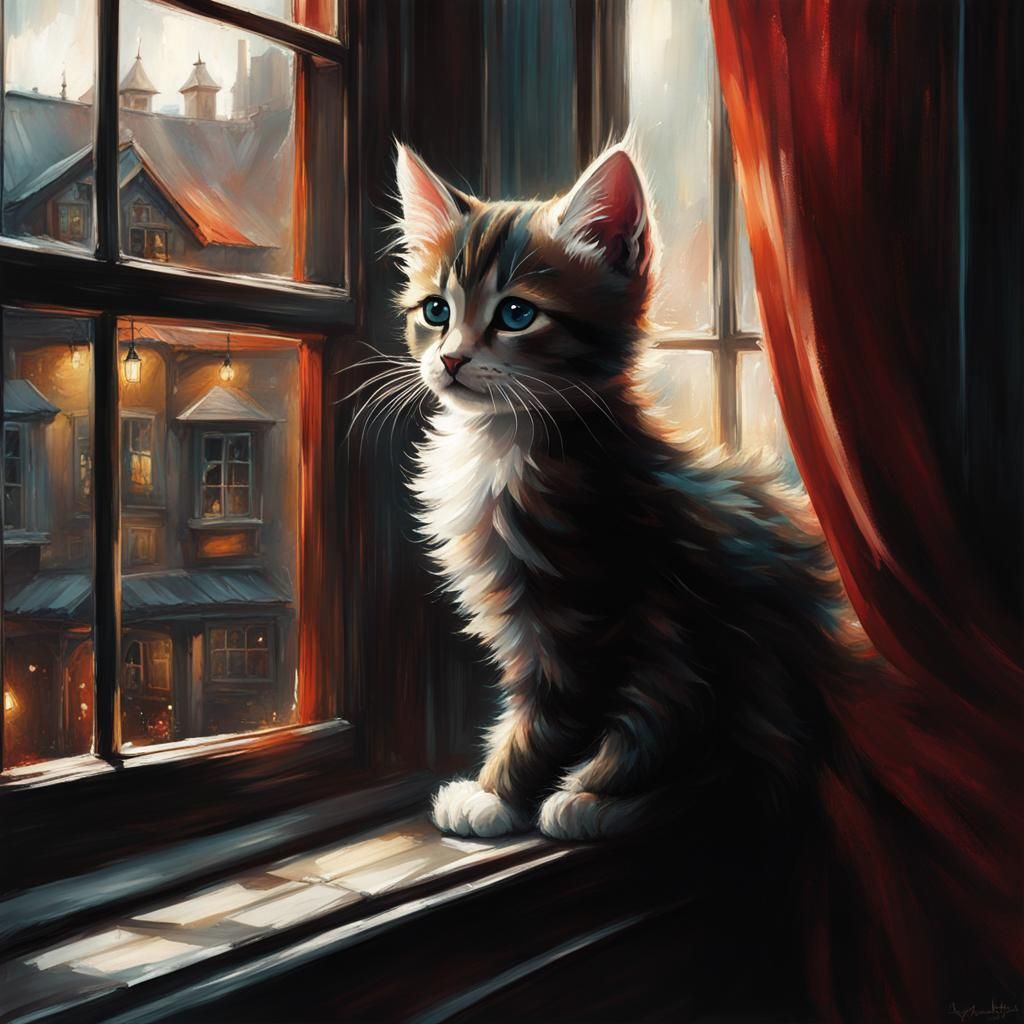 Cute Kitten Stares Out Window: Dark Fantasy Art