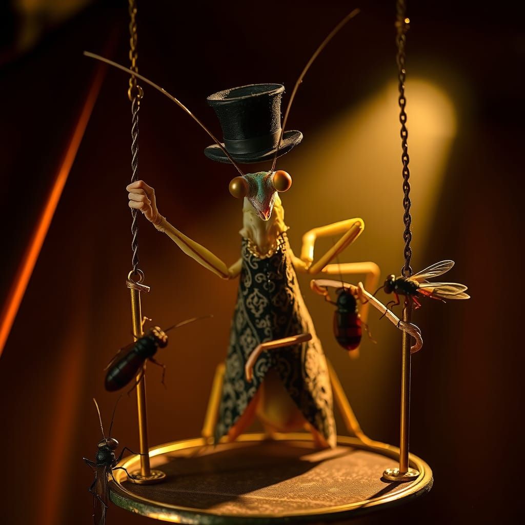 Surreal Praying Mantis Ringmaster in Circus Tent