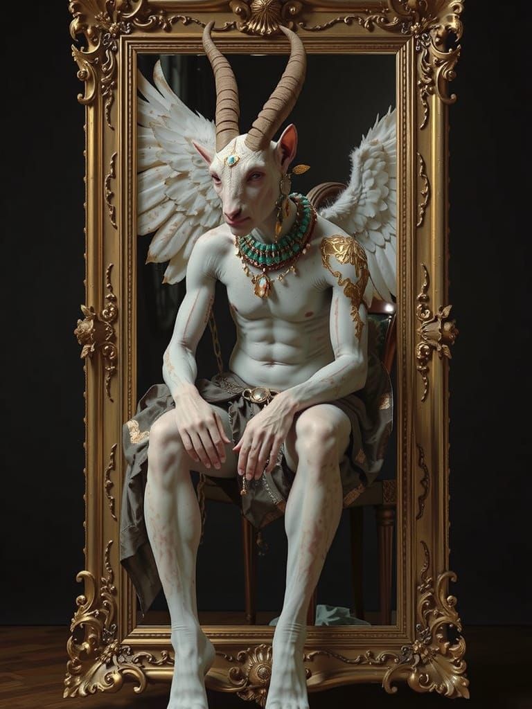 Mythological Guardian Before Surrealist Mirror Sculpture