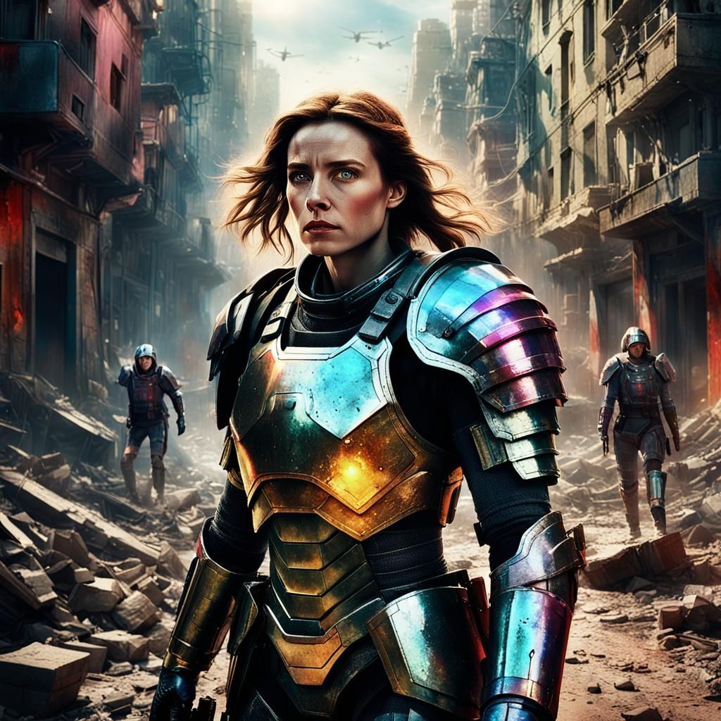 Armored Woman Leads Rescue Mission: Cinematic Digital Art