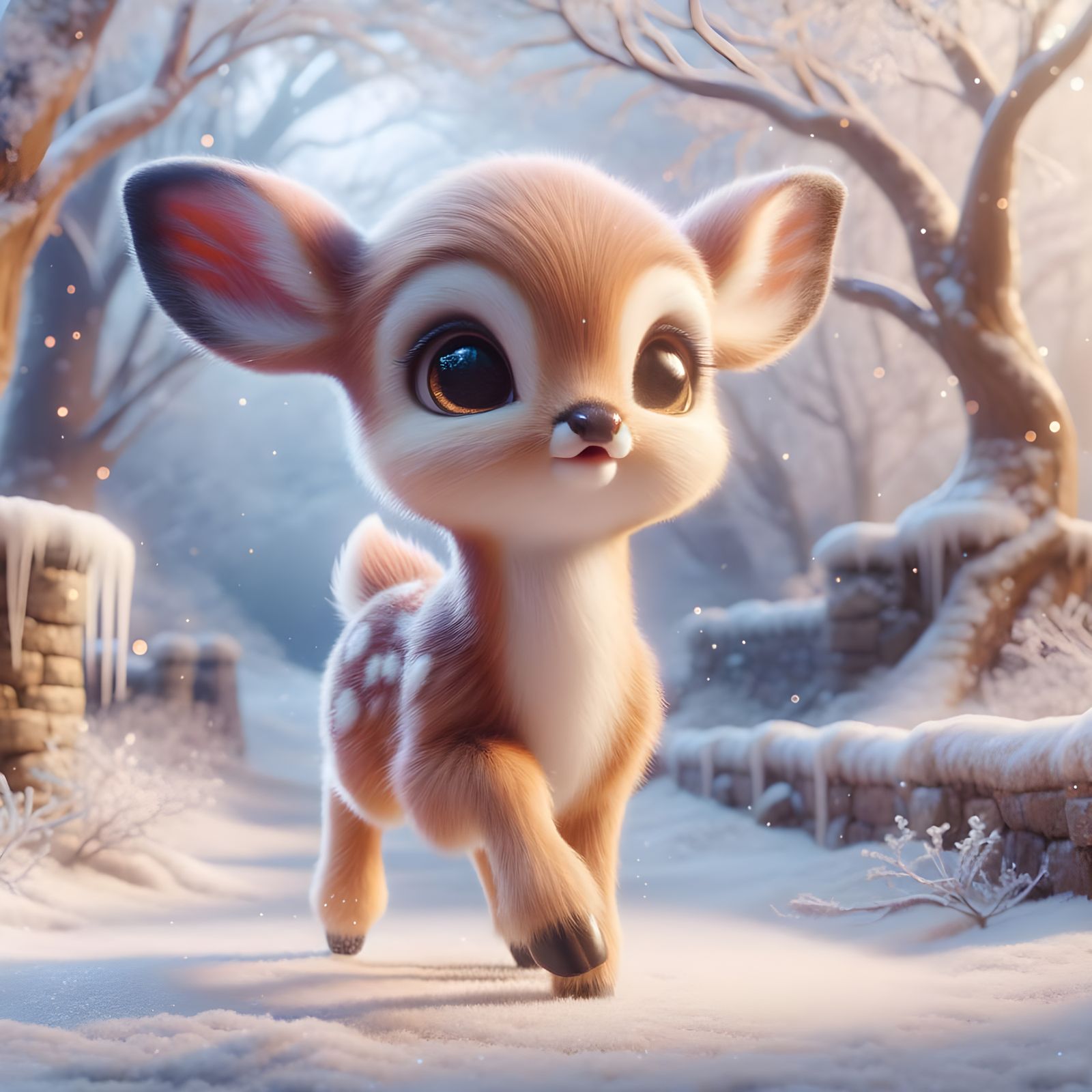 Whimsical Baby Deer in Winter Wonderland