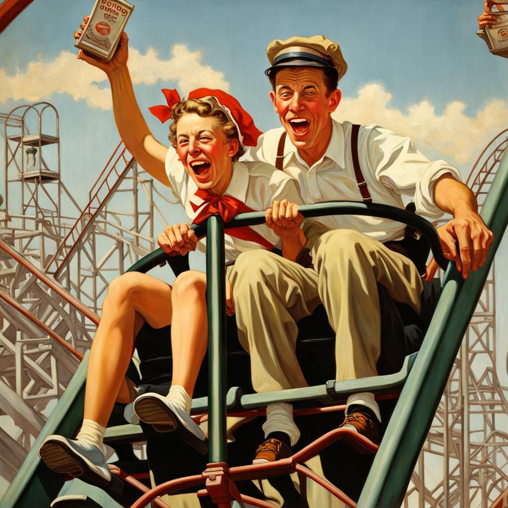 Couple's Joyful Roller Coaster Ride: Rockwell-esque Painting