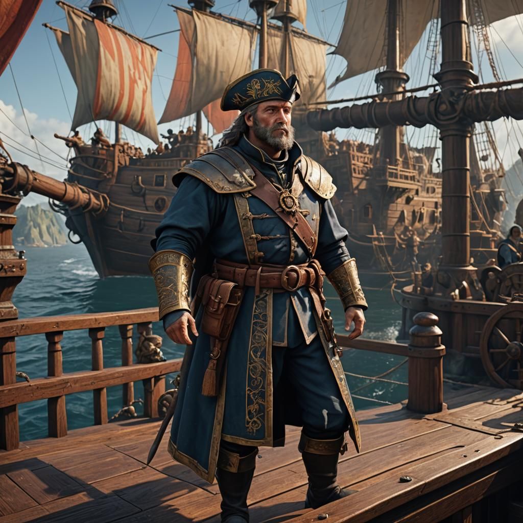 Medieval Ship Captain Commands On Deck: Detailed Matte Paint...