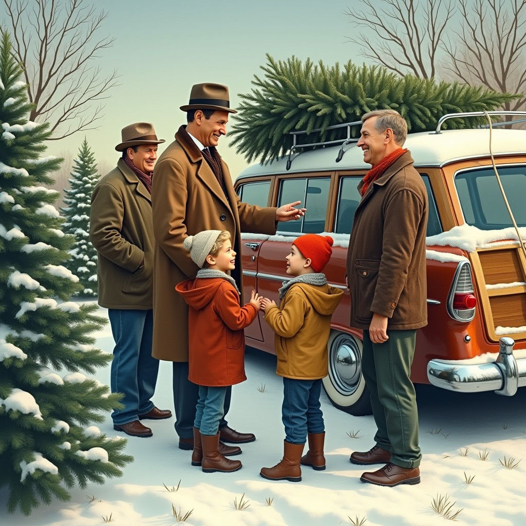 1950s Christmas Tree Farm Family Scene