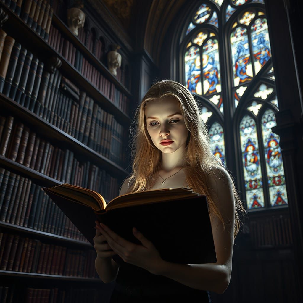 Gothic Beauty Reads in a Haunting, Dimly Lit Library