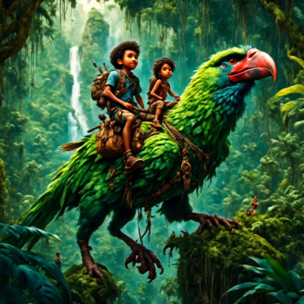 Boy Rides Bird in Jungle, Disney Fantasy Art