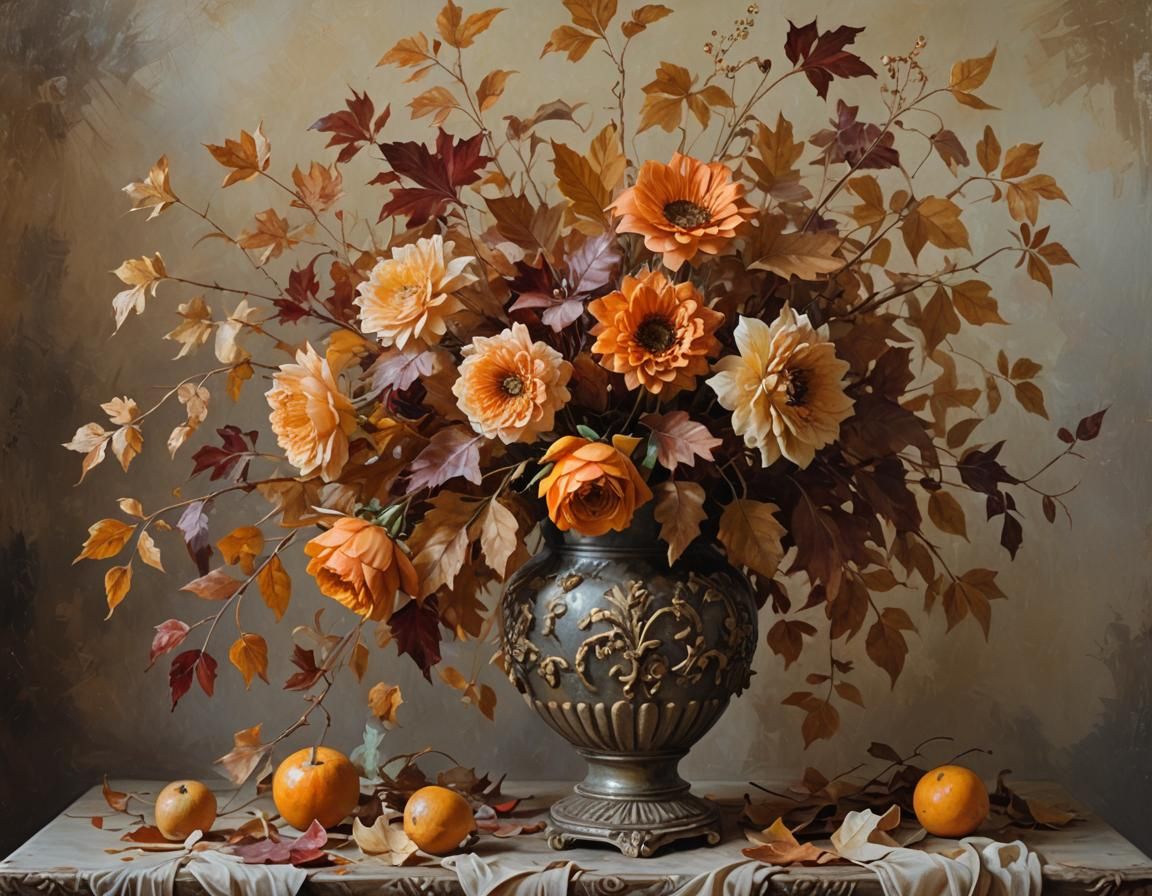 Autumn Floral Still Life as Impressionist Oil Painting