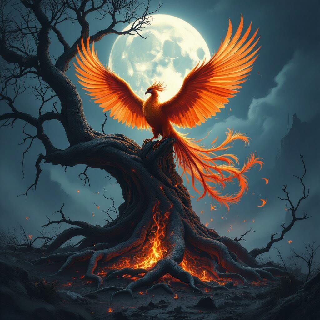 Phoenix Rebirth from Gnarled Tree in Gothic Surrealism Style