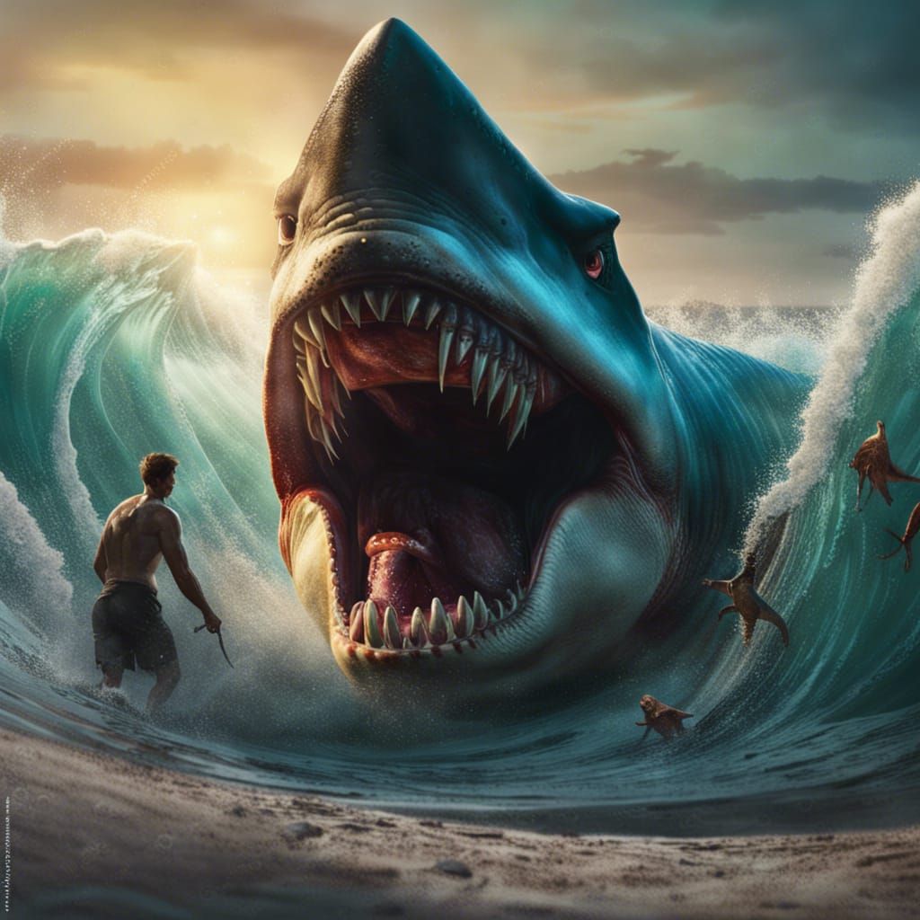 Megalodon Emerges from Wave with T-Rex