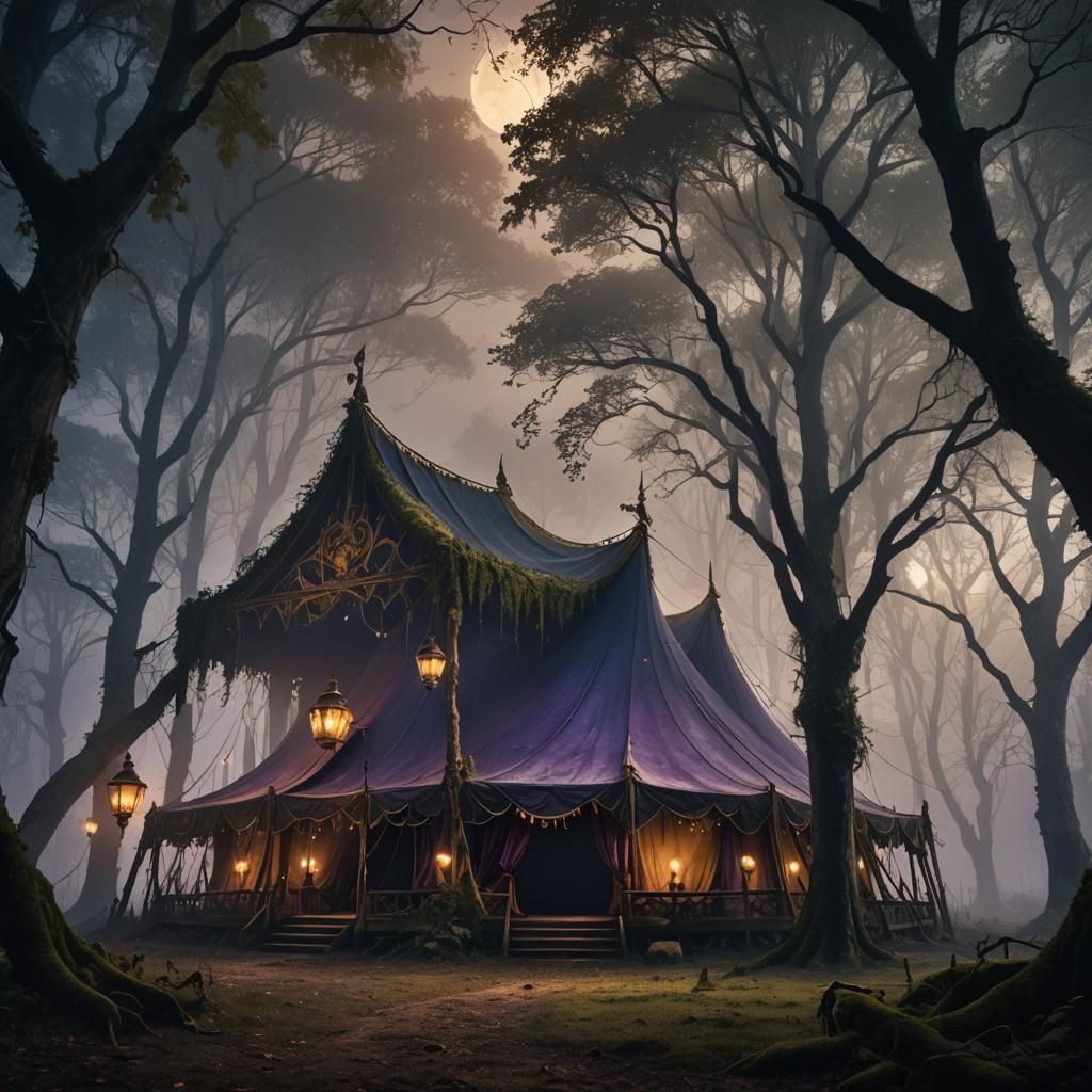 Eerie Medieval Circus Tent in Misty Forest