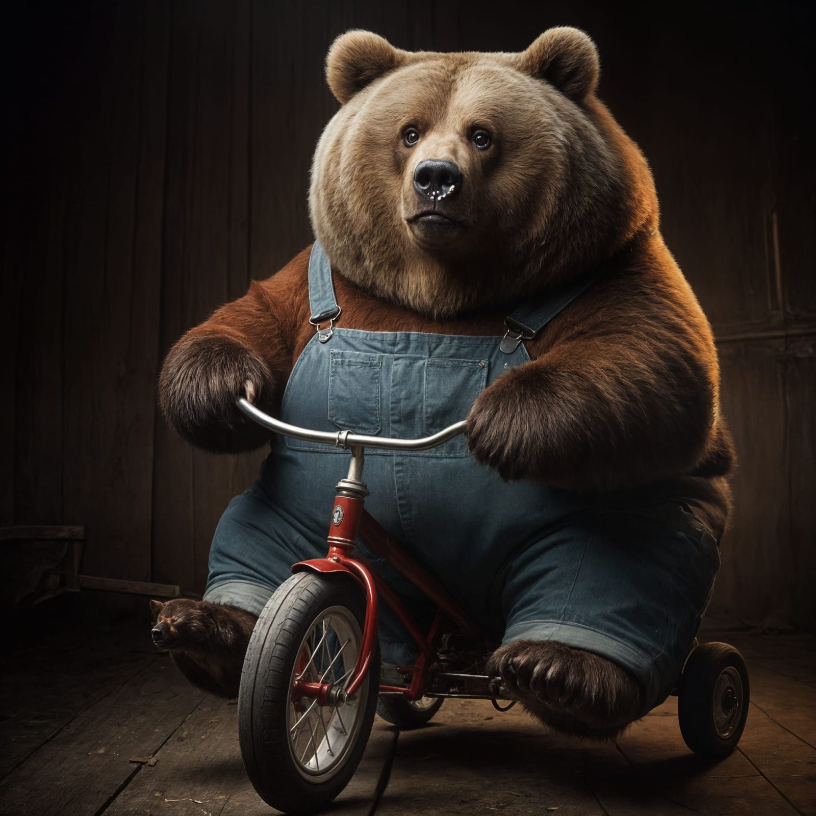 Kodiak Bear Rides Tricycle in Dark Surroundings