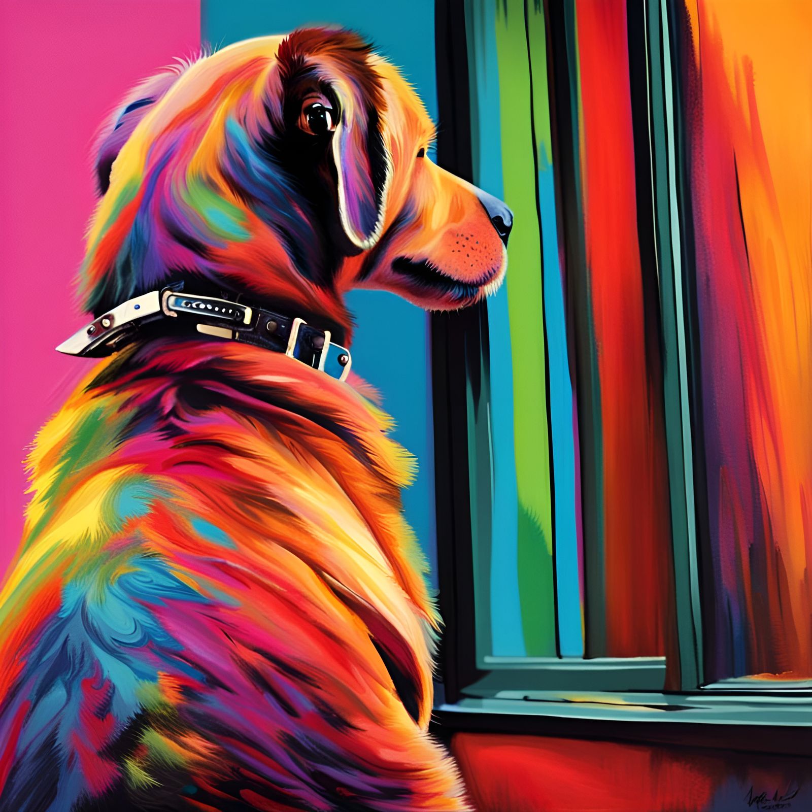 Colorful Abstract Dog Profile Looking Out Window