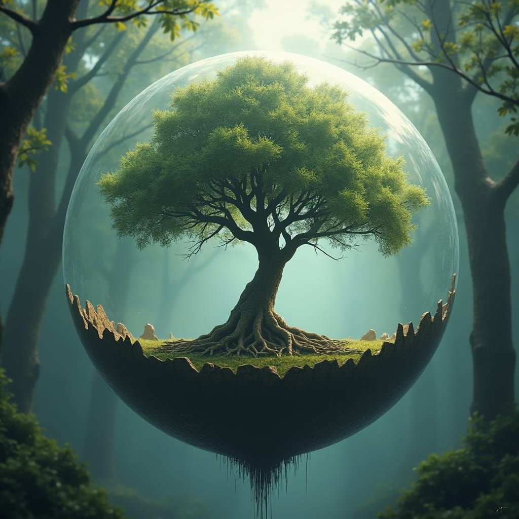 Mystical Tree in Fragmented Hemisphere, Fantasy Concept Art