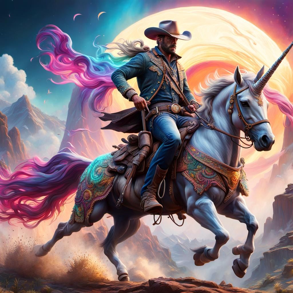 Cowboy Riding a Unicorn in Hyperdetailed Style
