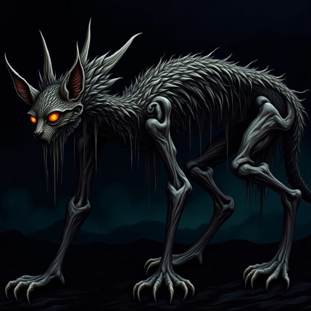 Monstrous Skeletal Cat in Biomechanical Horror Style