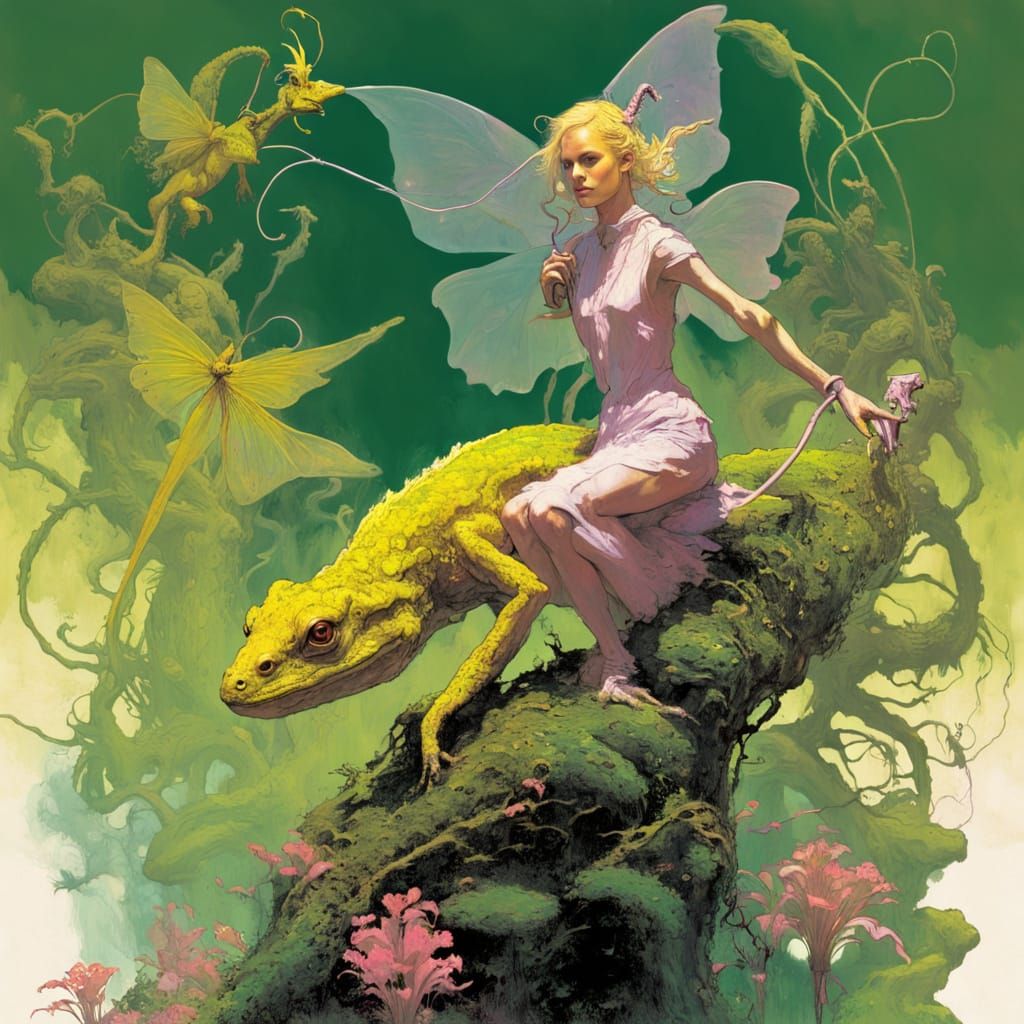 Mystical Fairy Tames Lizard in Neon Dreamscape