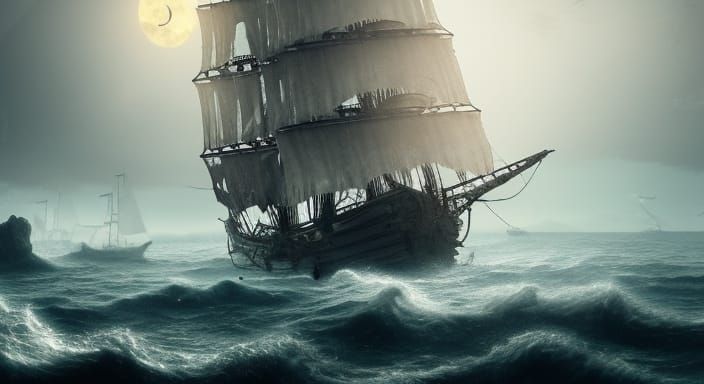 Moonlit Pirate Ghost Ship on Calm Sea