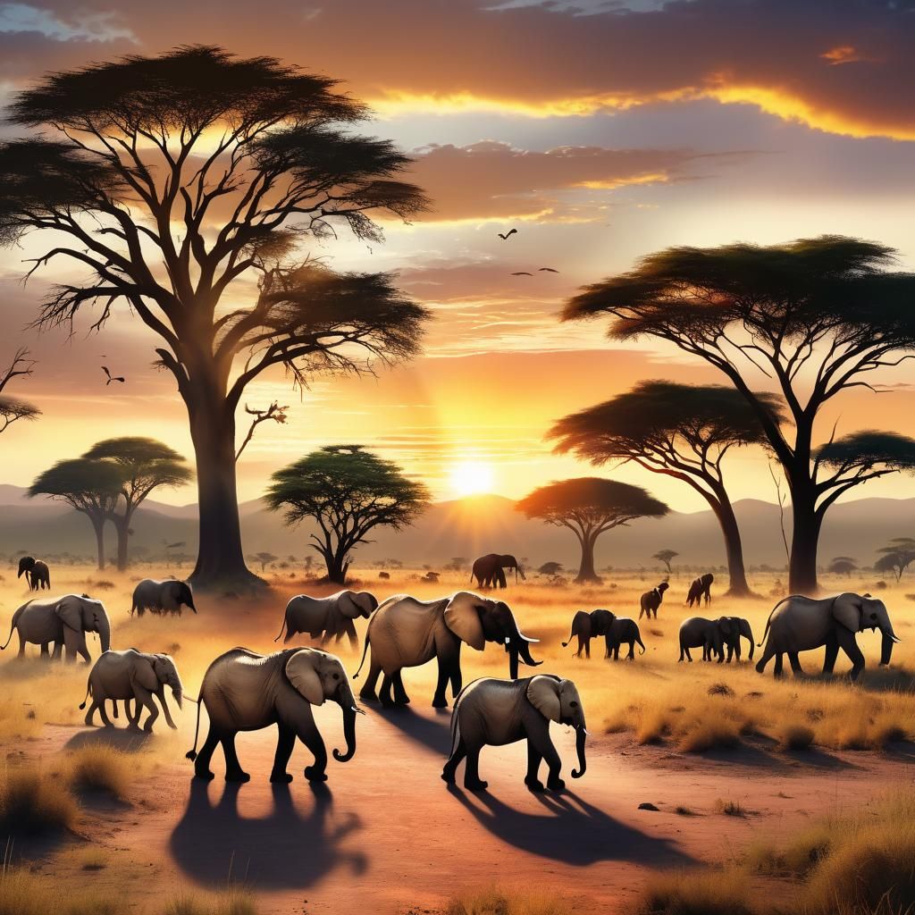 African Animals Roam Free in Vibrant Savannah Sunset
