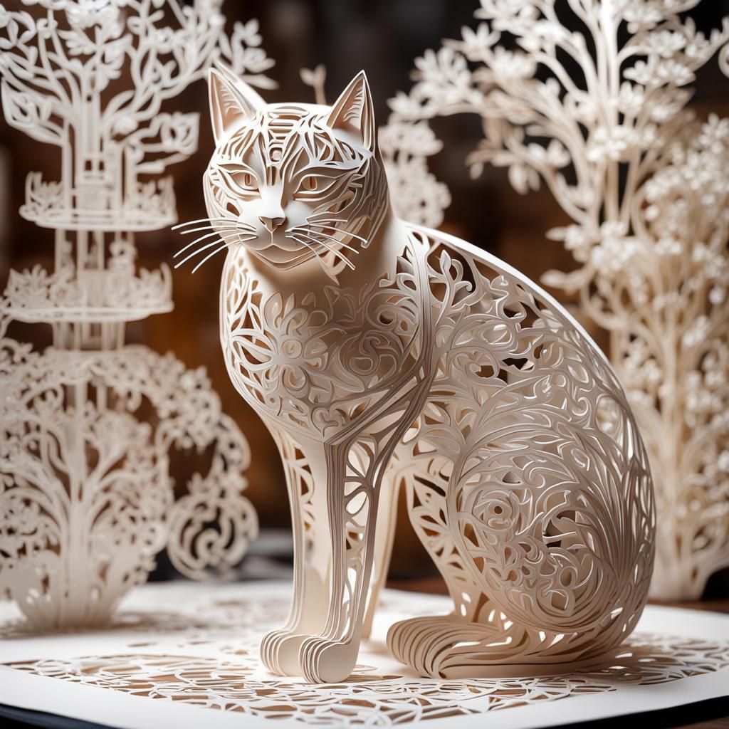 Hyperrealistic Kirigami Cat with Intricate Details