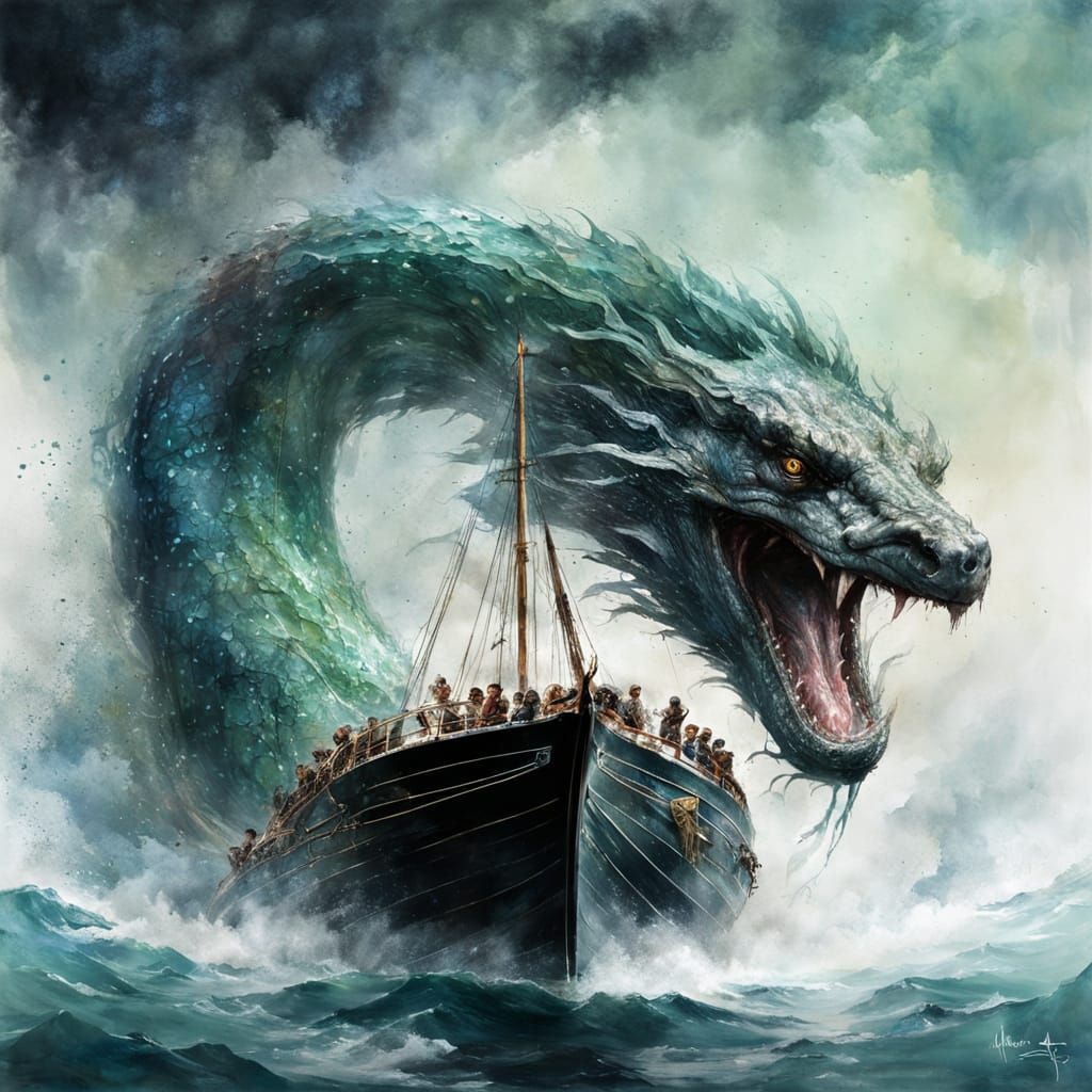 Majestic World Serpent Emerge from Foggy Lake in Vibrant Ink...