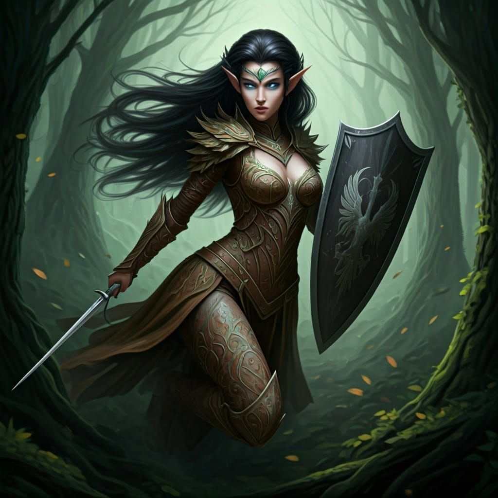Ethereal Elf Maiden in Earthy Armor Wields Ebony Épée