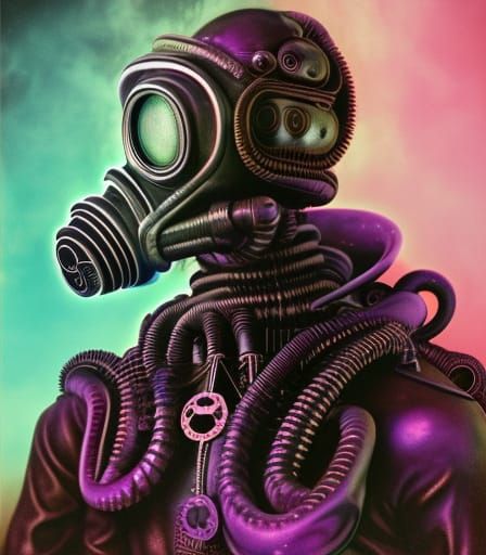 Alien in Gas Mask with Vaporwave Fog