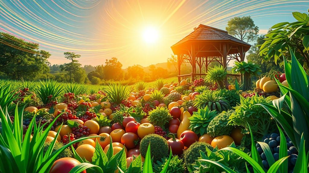 Vibrant Hyperrealistic Garden Scene with Rainbow-Hued Winds