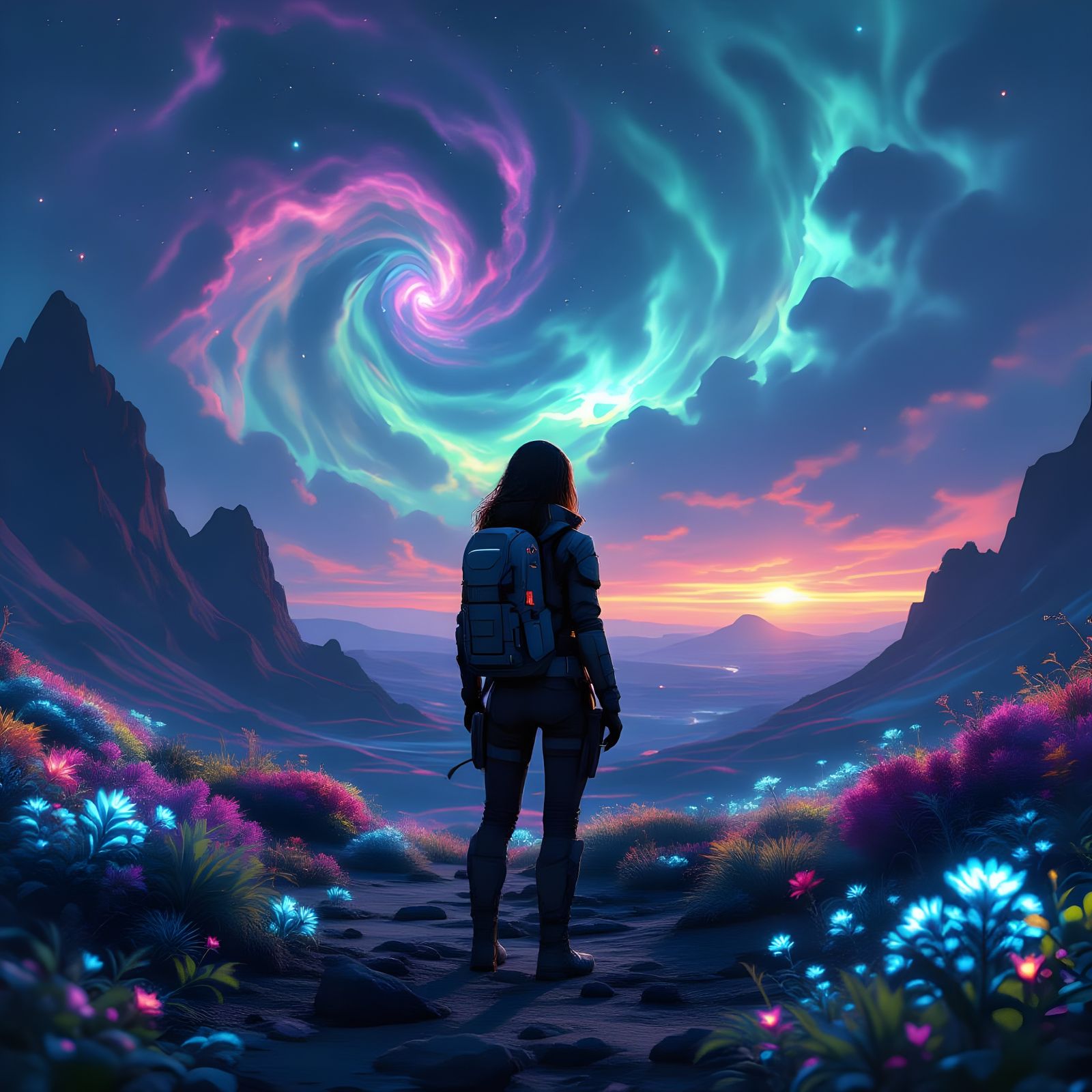 Woman Explorer on Alien Planet with Bioluminescent Flora