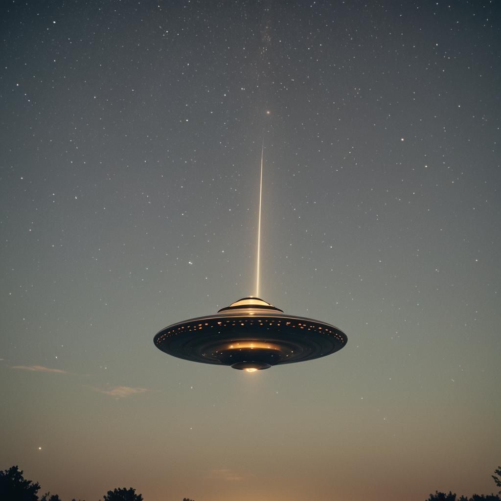 Flying Saucer Soaring in Starry Night Sky