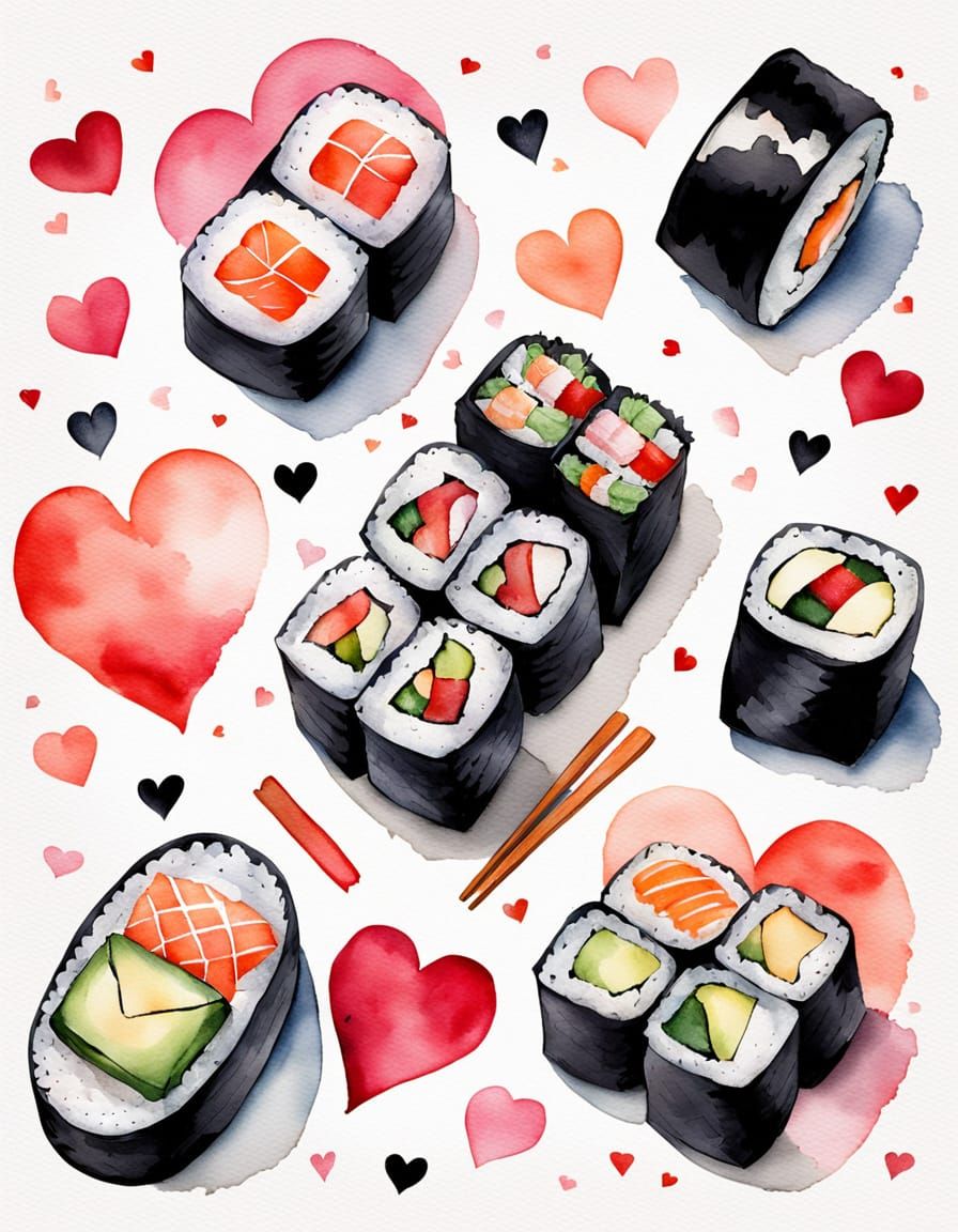 Whimsical Watercolor Sushi Valentine's Day Scene with Heartf...
