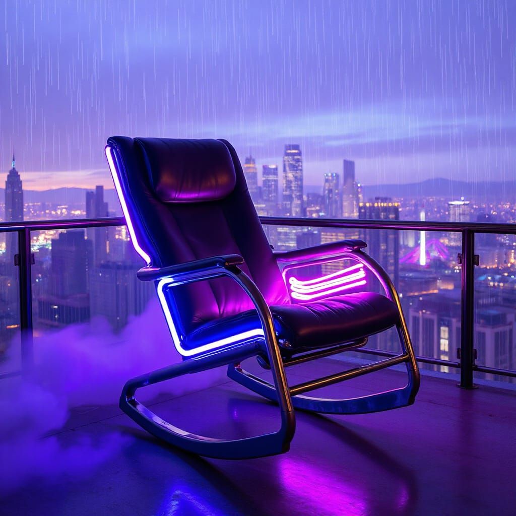 Cyberpunk Rocking Chair on Vaporwave Balcony