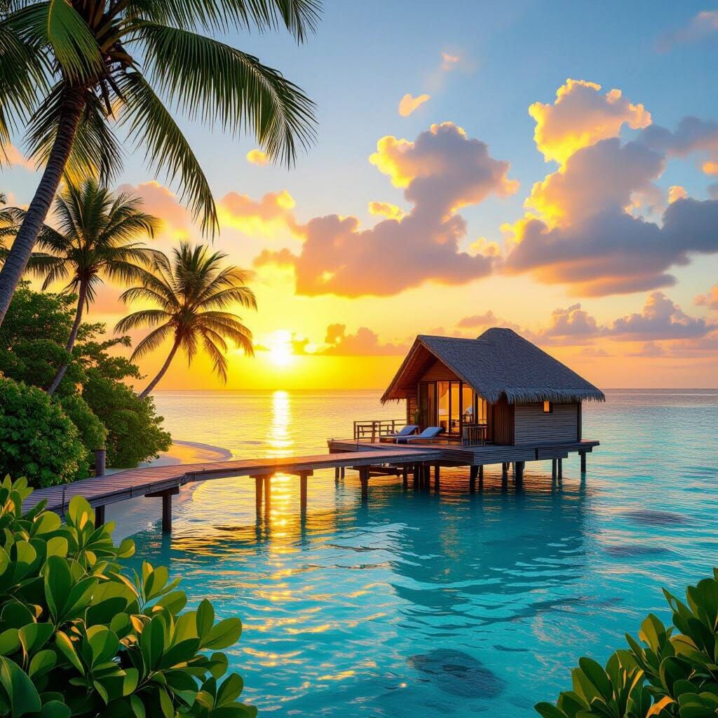 Maldives Sunrise: Water Bungalow in Pop Art Style