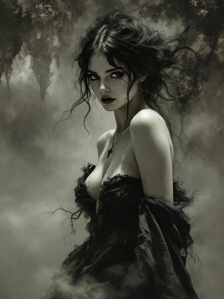 Goddess Emerges from Mist in Art Nouveau Style