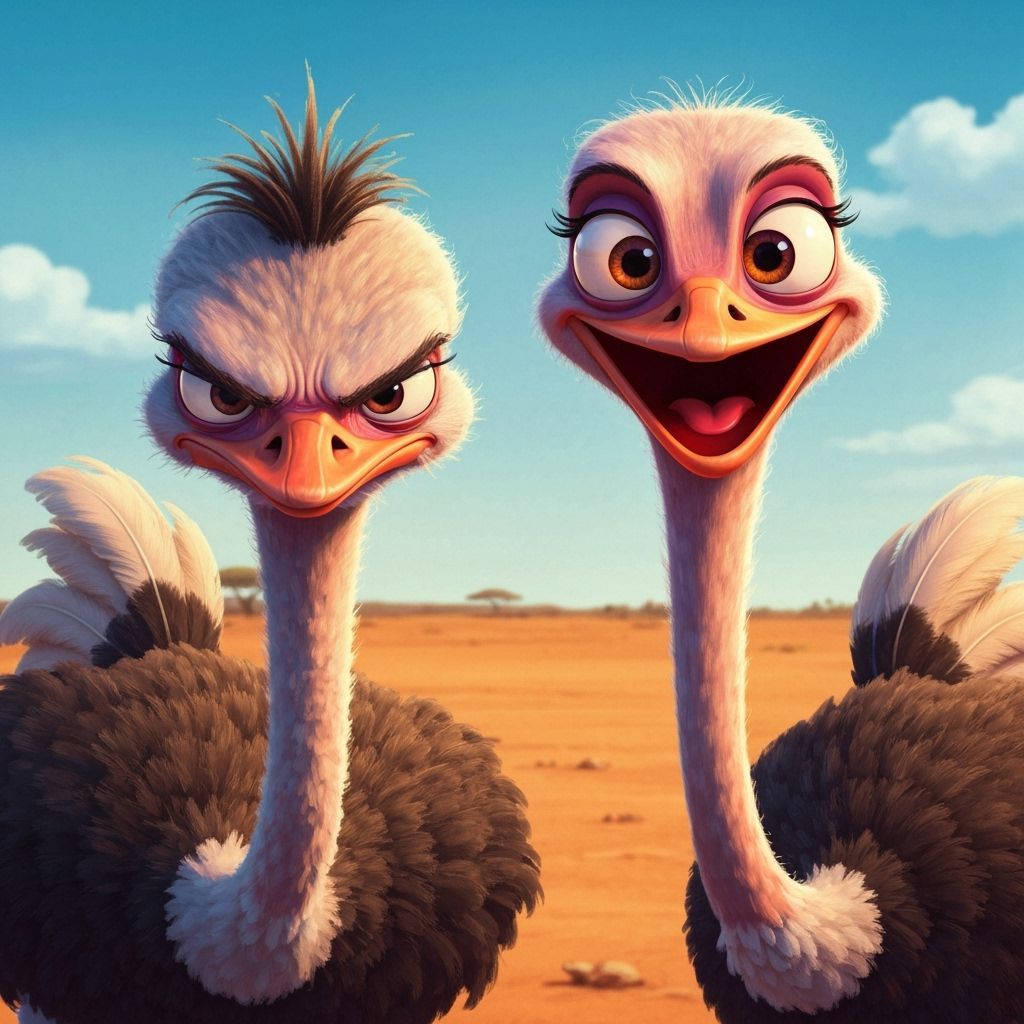 Grumpy Ostrich vs Happy Ostrich on Savanna