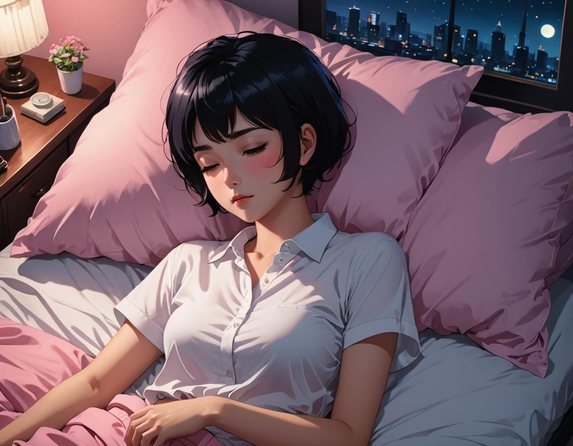 Anime Woman Sleeping in Bedroom at Night