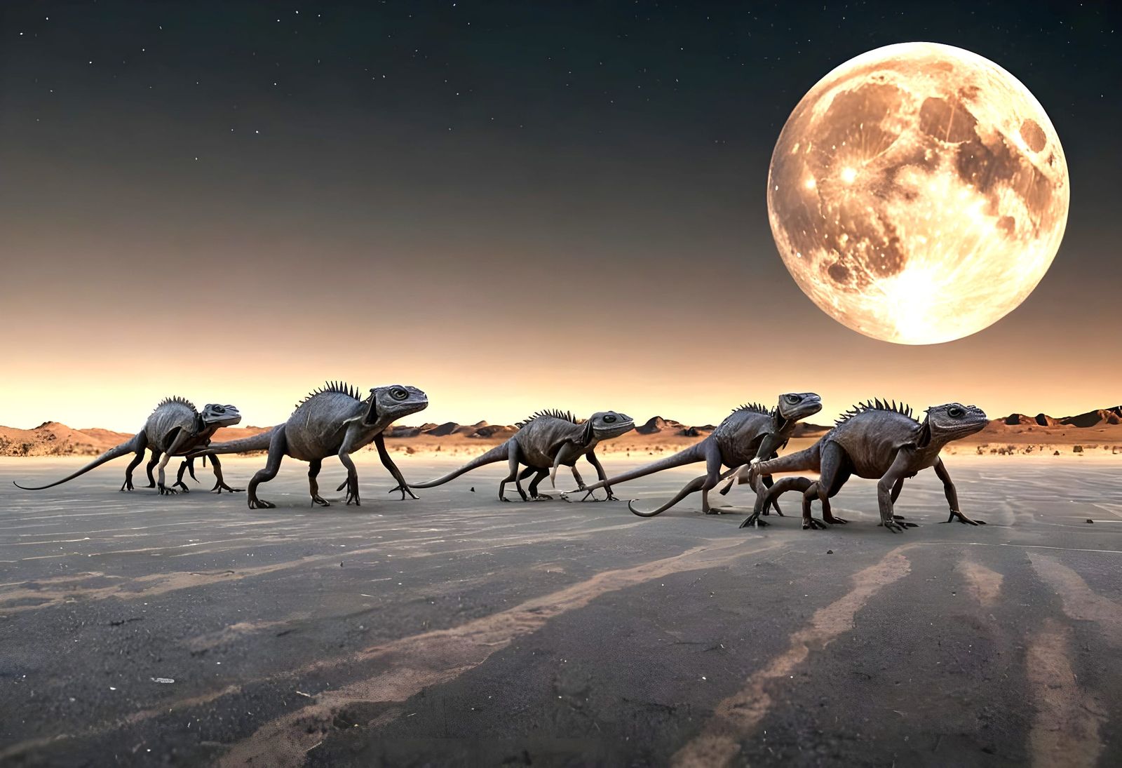 Alien Riders on Lizard Mounts in Desert Landscape