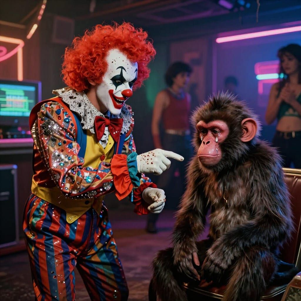 Rockabilly Clown Teaches Monkey to Pickpocket in Retro Circu...