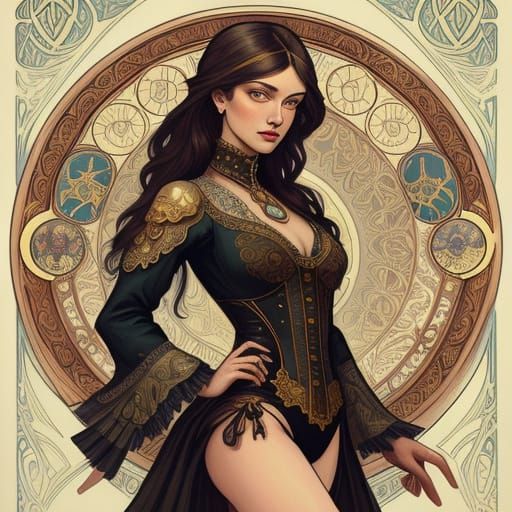 Ukrainian Supermodel in Steampunk Lingerie as Gouache Painti...